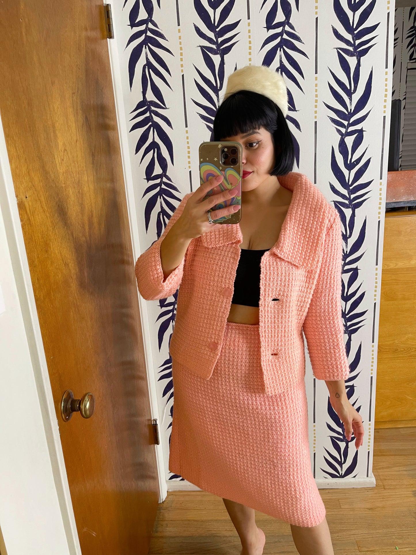 Vintage 60s Jackie-O Inspired Pink Knit Jacket and Skirt Set Best Fist Sizes XXS-S