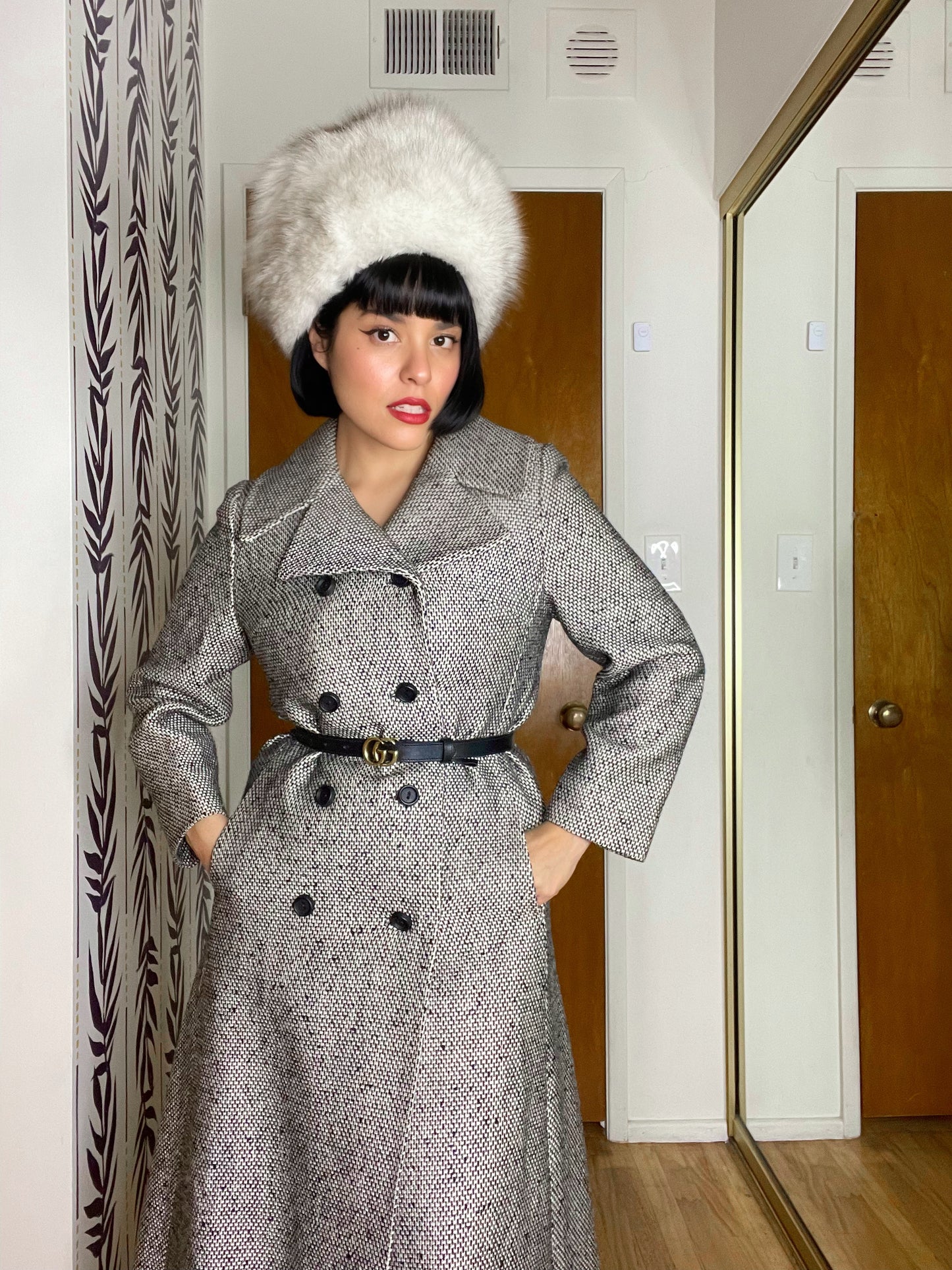Vintage 50s 60s Black and White Woven Double Breasted Coat Best Fits Sizes XS-S, Possibly M
