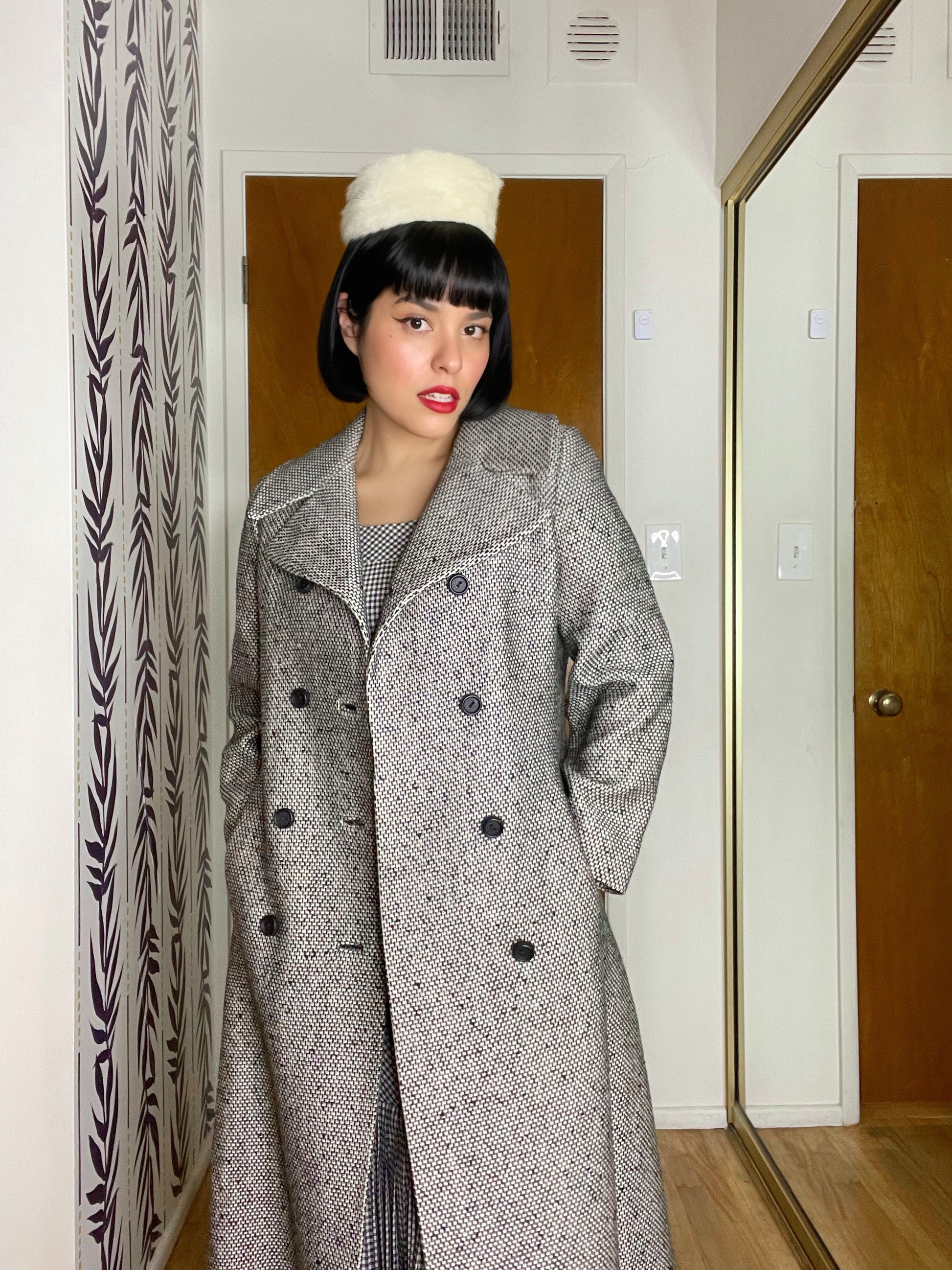 Vintage 50s 60s Black and White Woven Double Breasted Coat Best