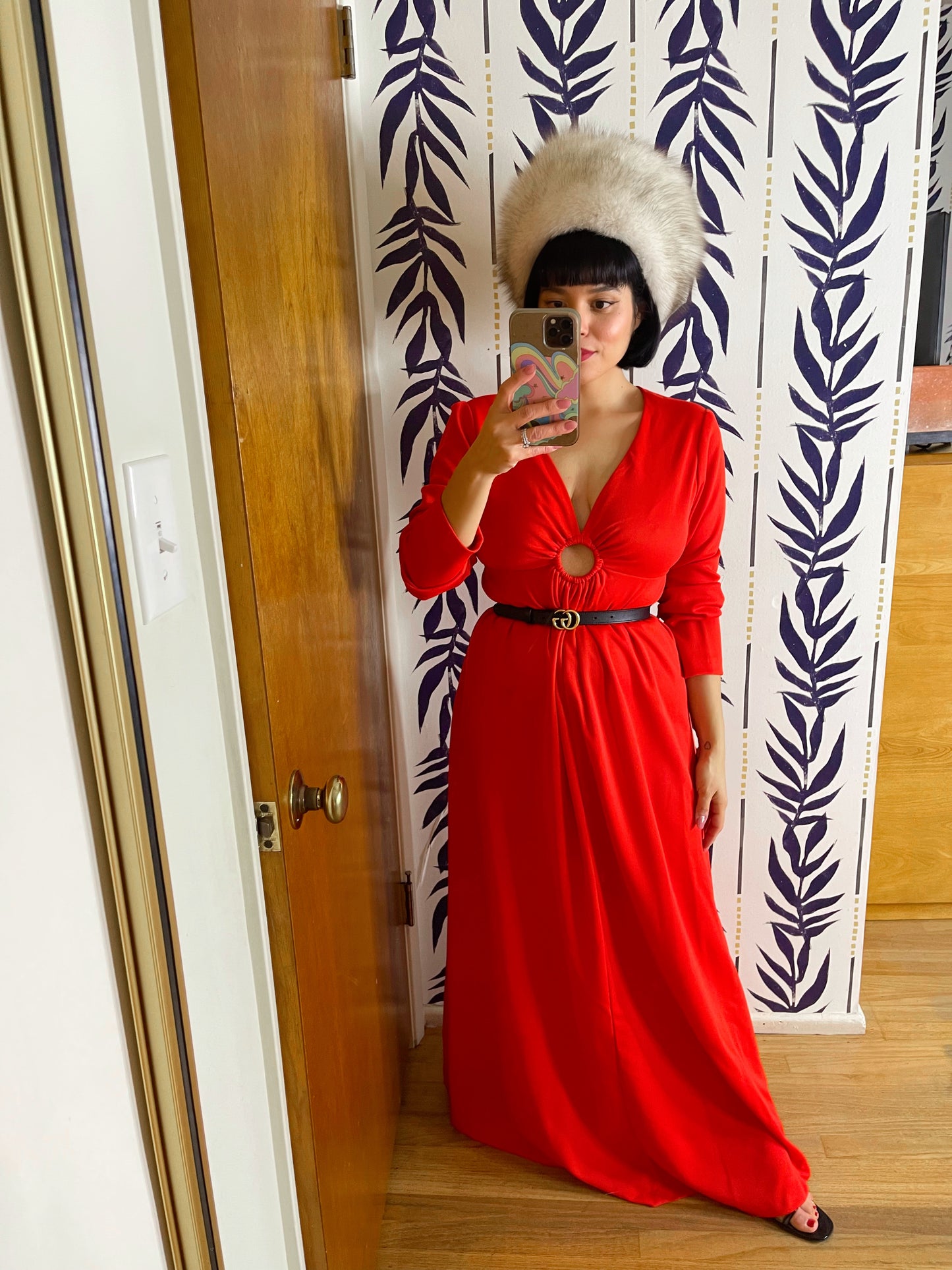 Vintage 60s 70s “Georgee Originals Made in California” Red / Orange Maxi Long Sleeve Dress Best Fits Sizes S-M, Possible L