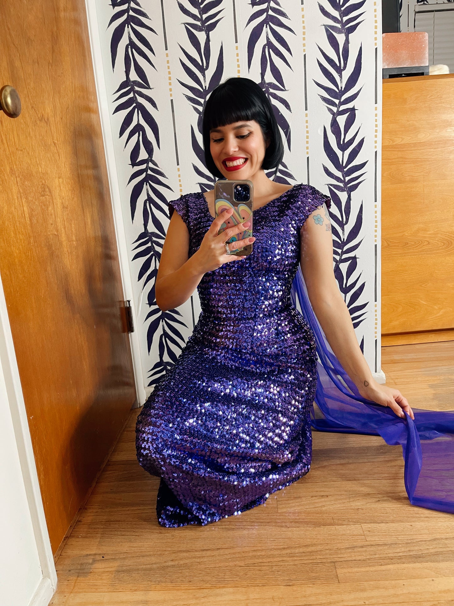 Vintage 50s 60s “Ann’s Vogue Shop” Royal Purple Sequin Gown with Nylon Train/ Cape Best Fits Sizes XXS-S