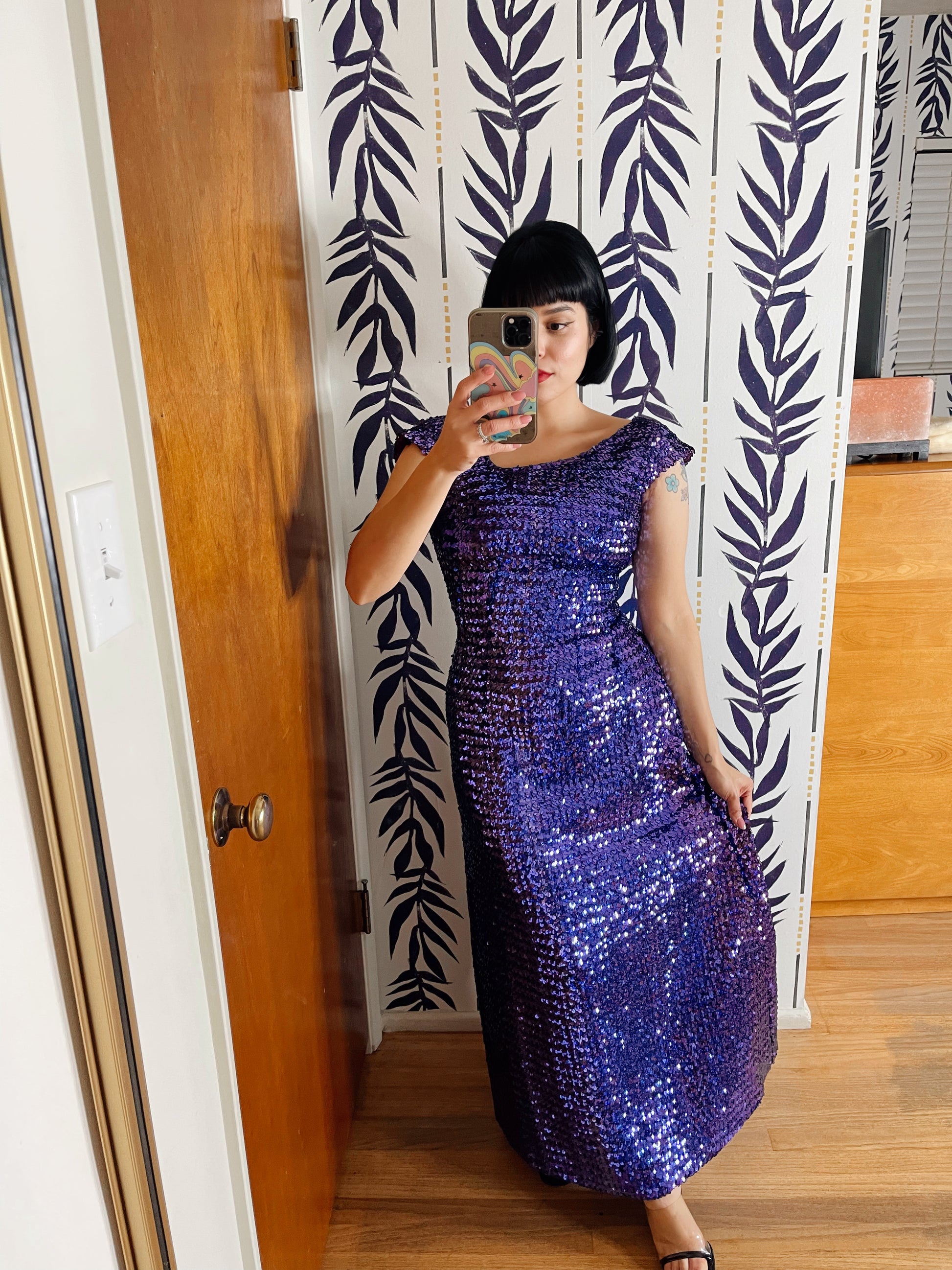 Vintage 50s 60s Ann s Vogue Shop Royal Purple Sequin Gown with