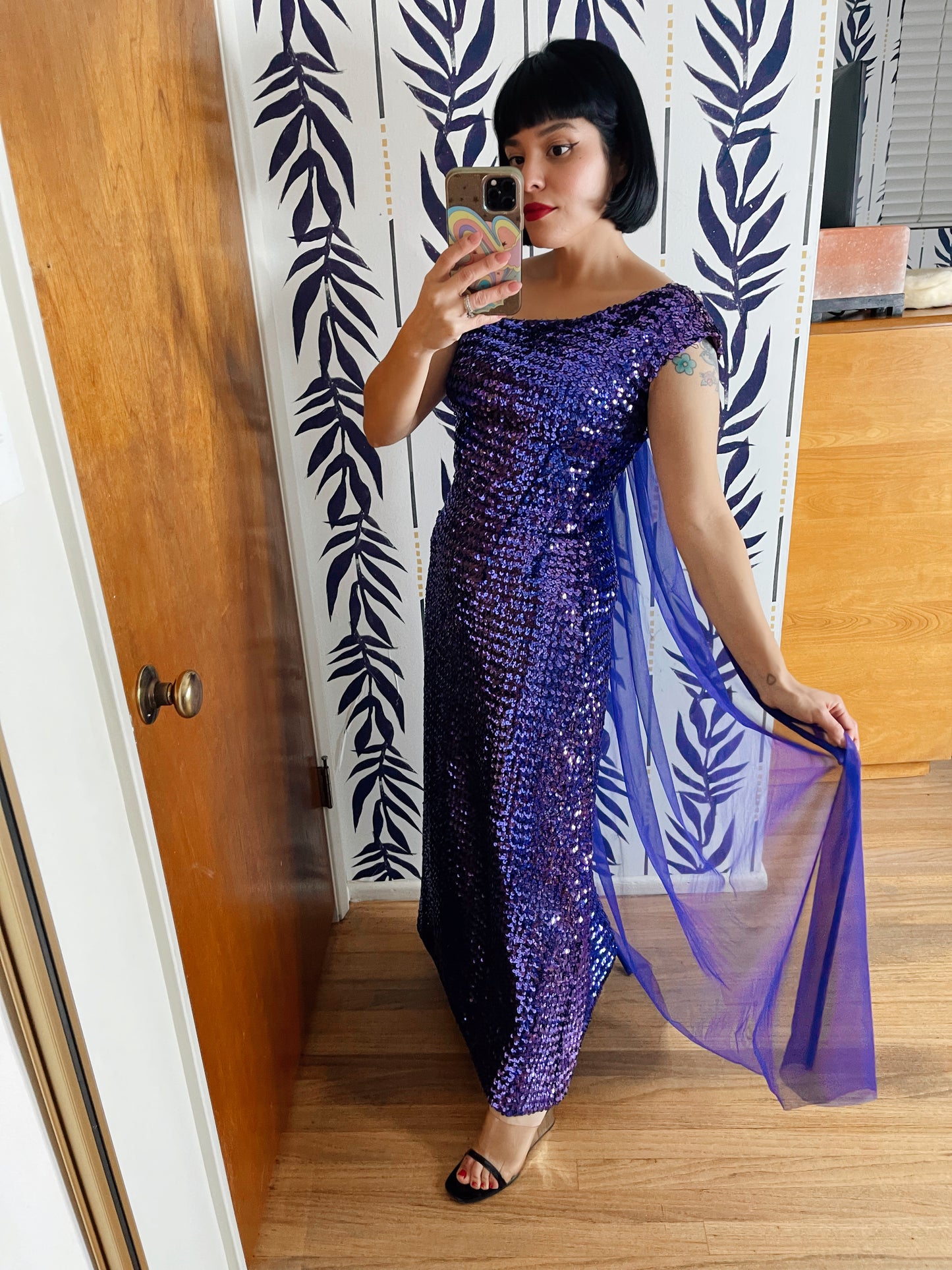 Vintage 50s 60s “Ann’s Vogue Shop” Royal Purple Sequin Gown with Nylon Train/ Cape Best Fits Sizes XXS-S
