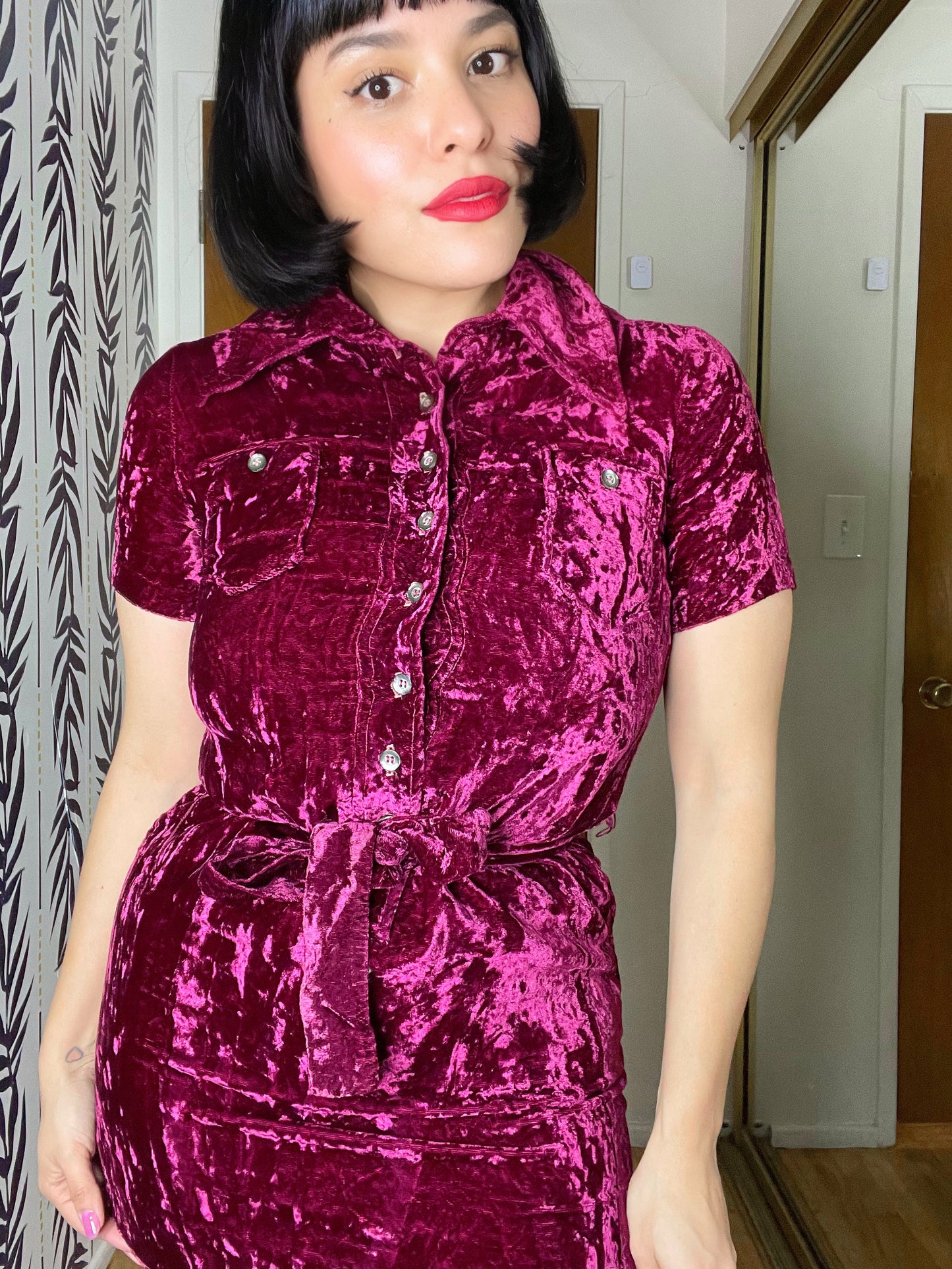 Vintage 60s Mod Crushed Velvet Wine Red Cranberry Mini Dress With Dagger Collar Best Fits Sizes XS-S