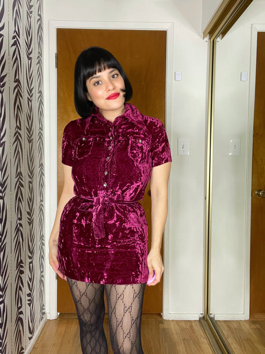 Vintage 60s Mod Crushed Velvet Wine Red Cranberry Mini Dress With Dagger Collar Best Fits Sizes XS-S