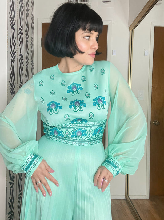 Vintage 70s “Alfred Shaheen” Turquoise Pleated Jumpsuit Best Fits Sizes S to Possible M