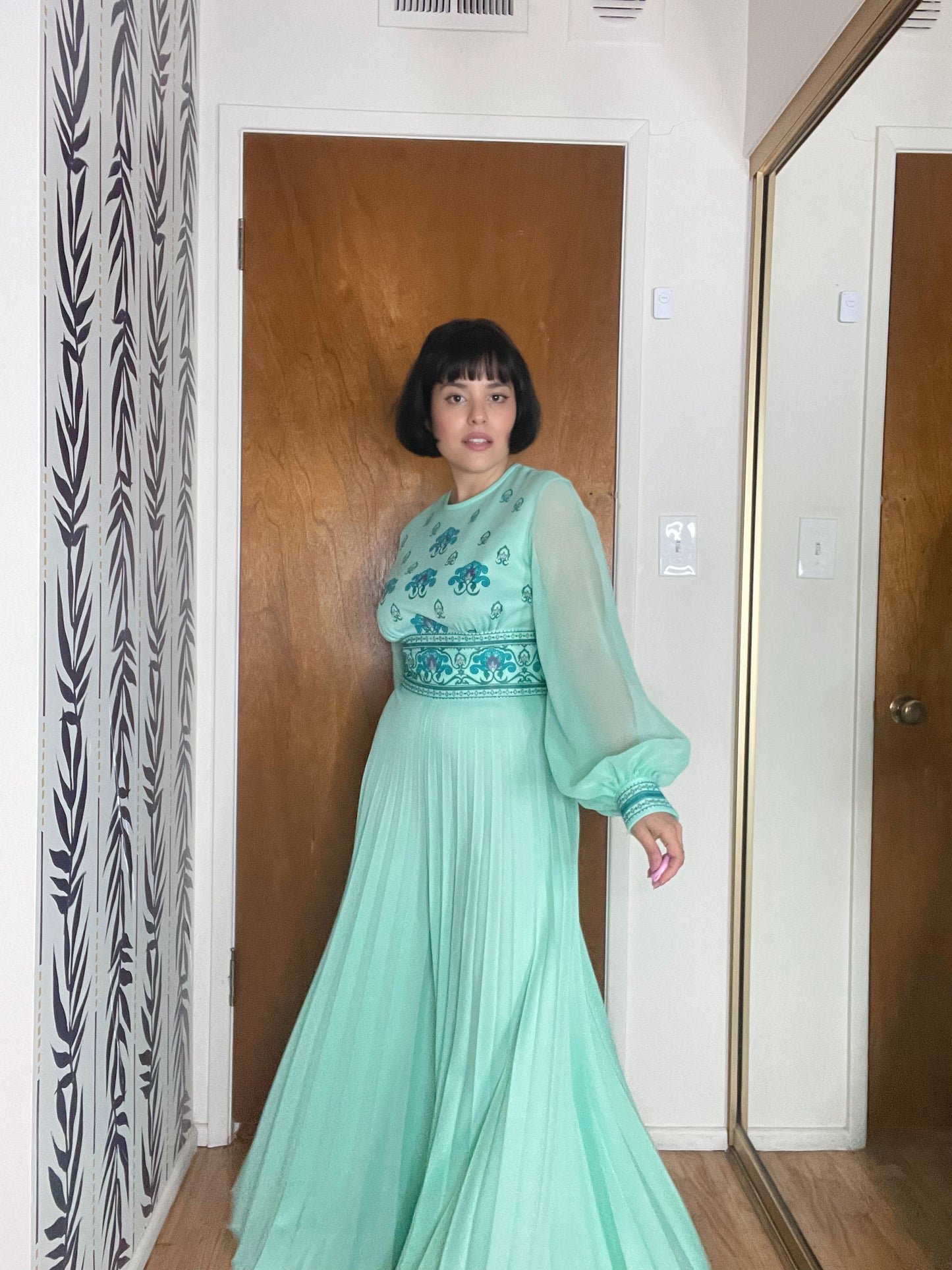 Vintage 70s “Alfred Shaheen” Turquoise Pleated Jumpsuit Best Fits Sizes S to Possible M