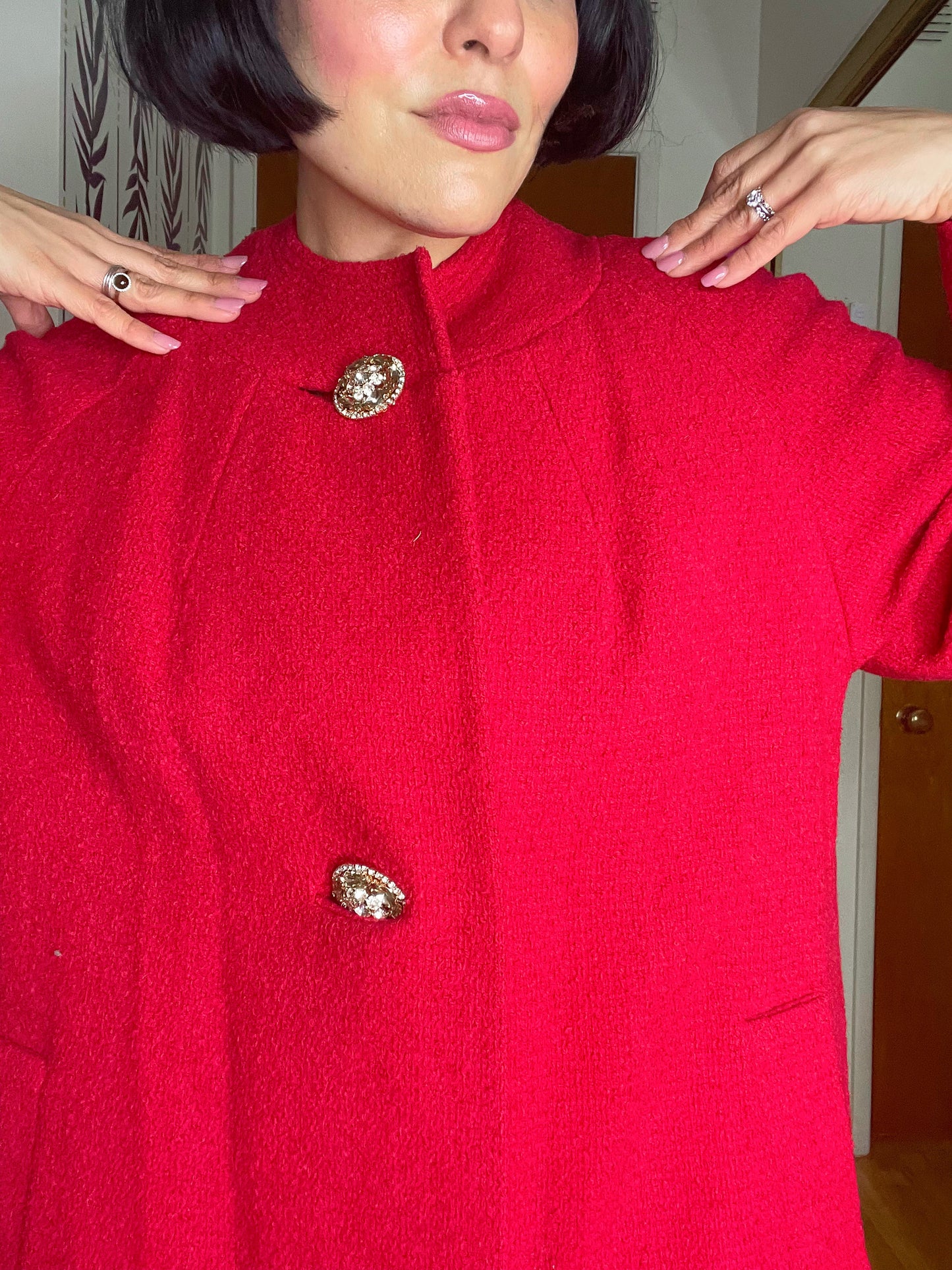 Vintage 50s 60s Red Tweed Bouclé Swing coat With Statement Buttons Fits Up to Size XL