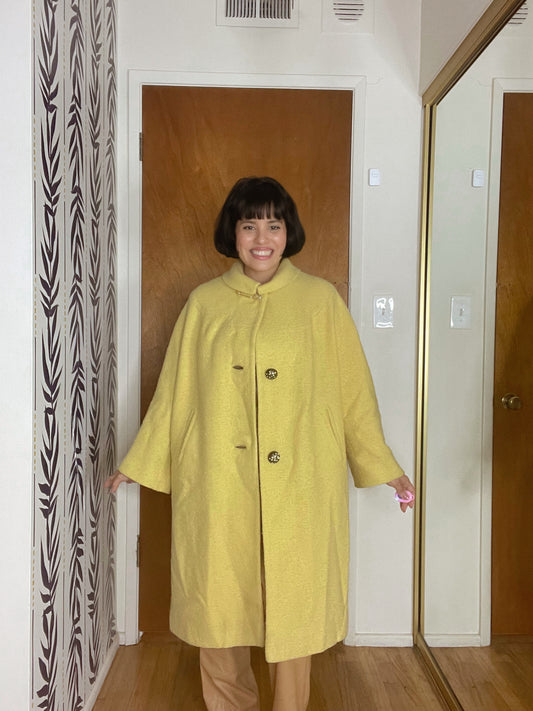 Vintage 60s Buttery Yellow Bouclé Tweed Coat With Safety Pin Brooch and Statement Buttons One Size Fits Most