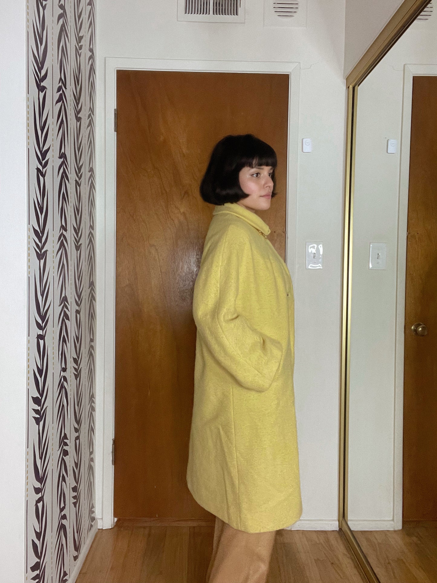 Vintage 60s Buttery Yellow Bouclé Tweed Coat With Safety Pin Brooch and Statement Buttons One Size Fits Most