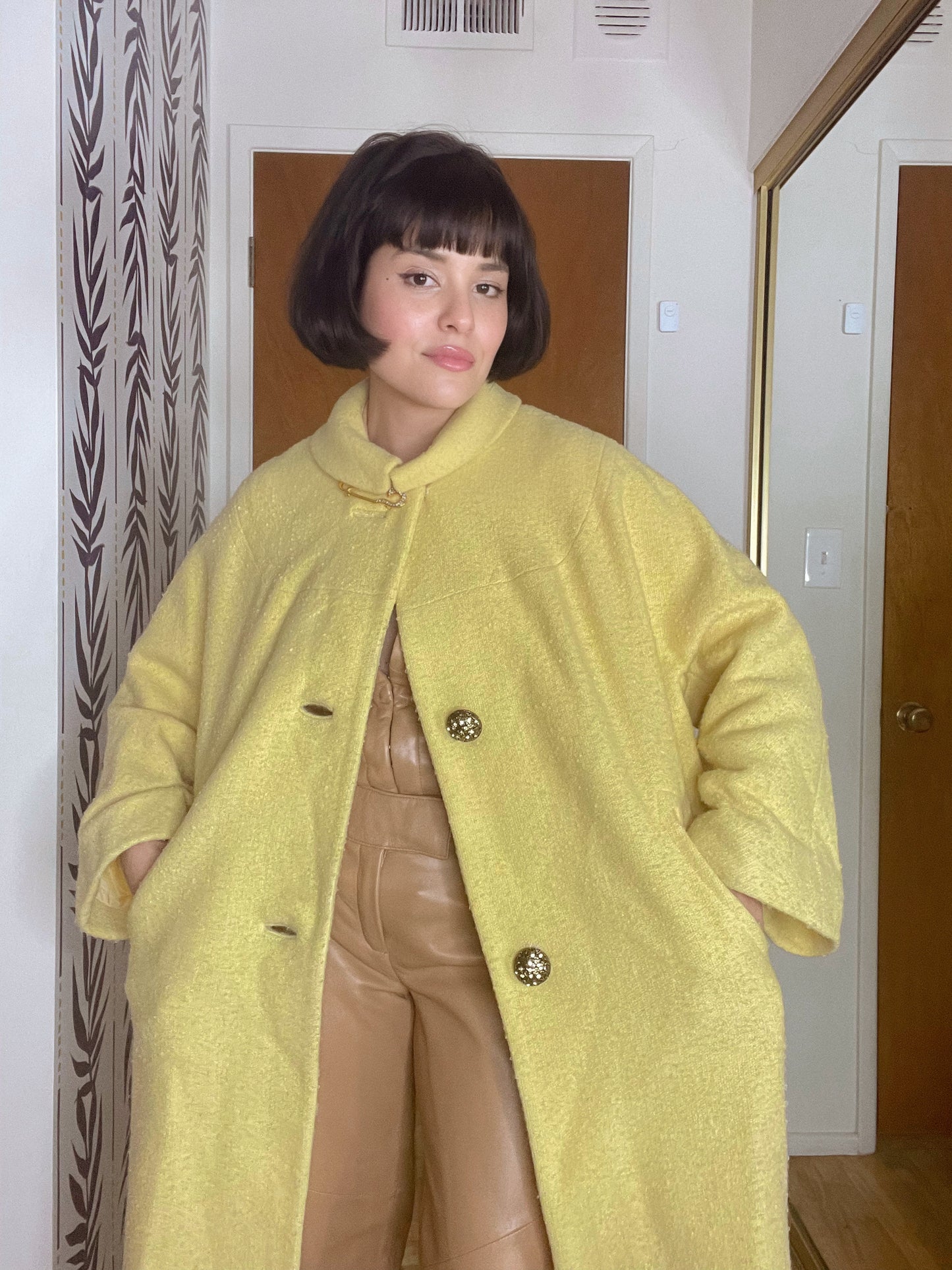 Vintage 60s Buttery Yellow Bouclé Tweed Coat With Safety Pin Brooch and Statement Buttons One Size Fits Most