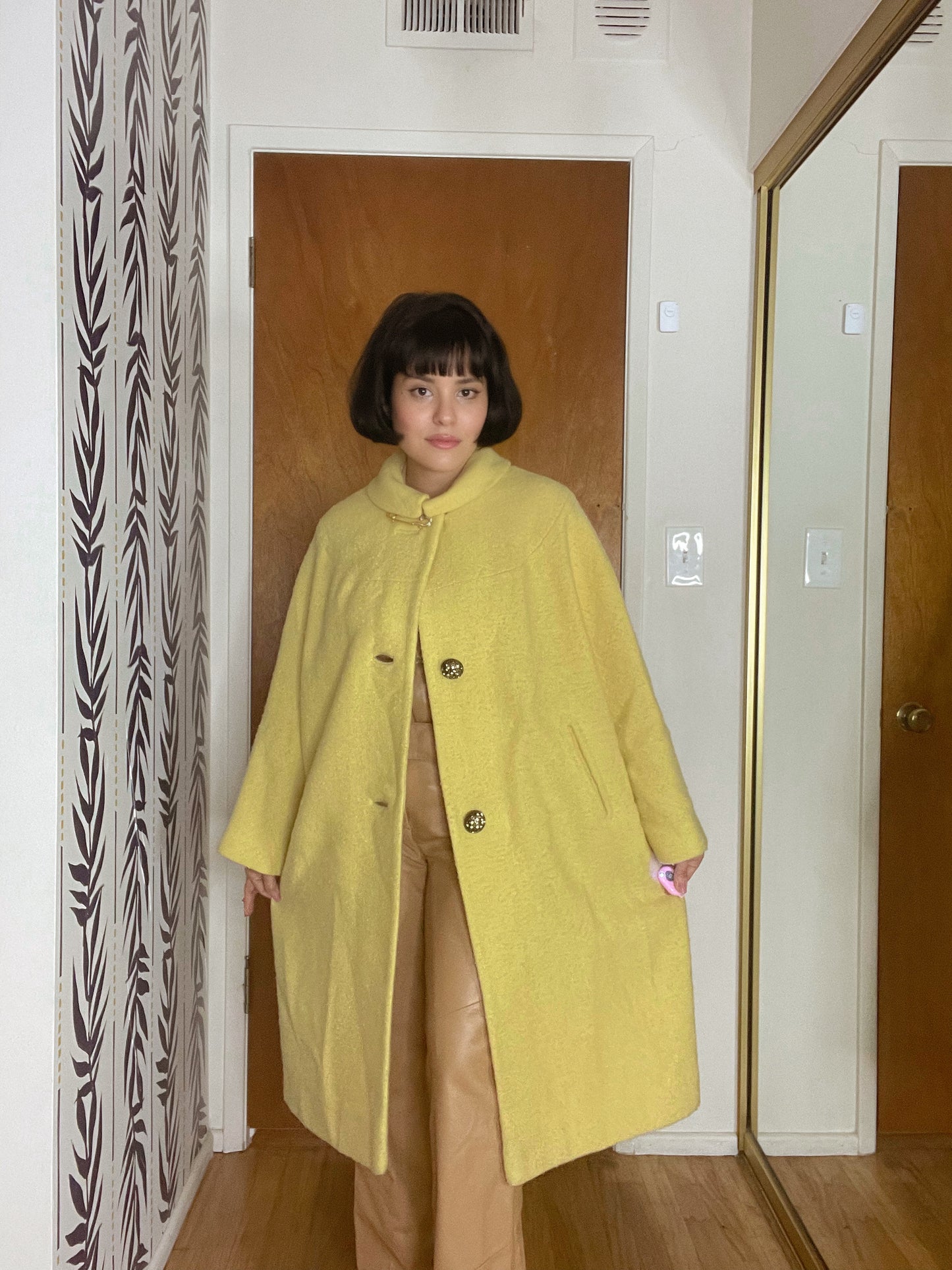 Vintage 60s Buttery Yellow Bouclé Tweed Coat With Safety Pin Brooch and Statement Buttons One Size Fits Most