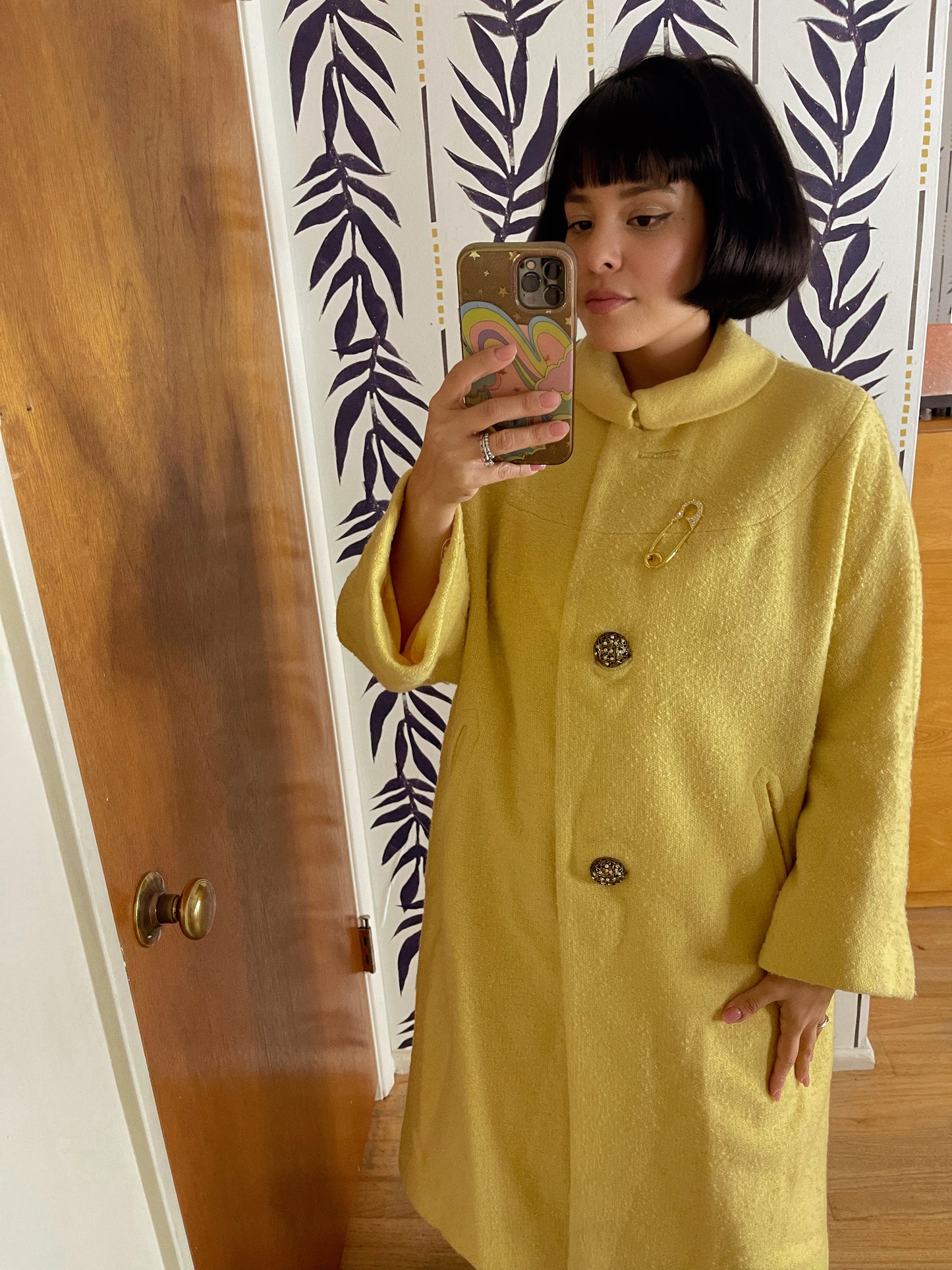 Vintage 60s Buttery Yellow Bouclé Tweed Coat With Safety Pin Brooch and Statement Buttons One Size Fits Most