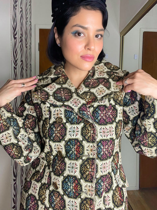 Vintage 60s 70s Tapestry Mosaic Medallion Rainbow Print Jacket Best Fits Sizes XS-L