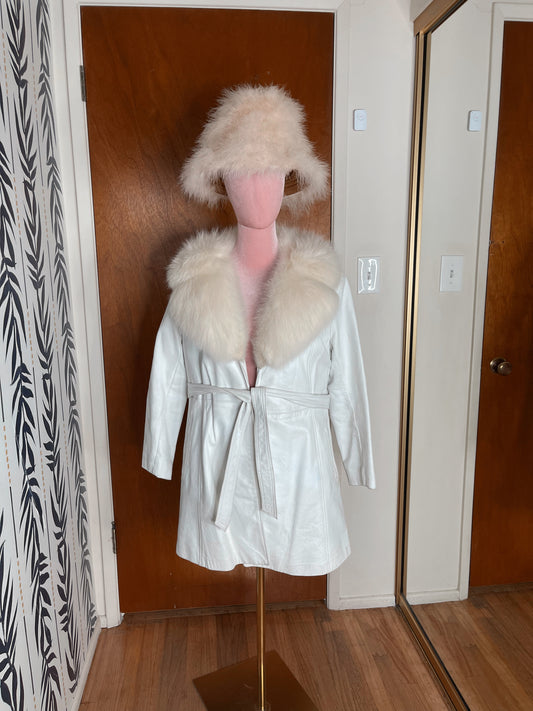 Vintage 60s 70s White Leather And Fox Hair Coat Fits Up To Size XL