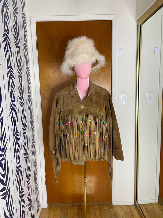 Vintage 70s Leather Fringe Jacket With Beads Fits Up to Size L