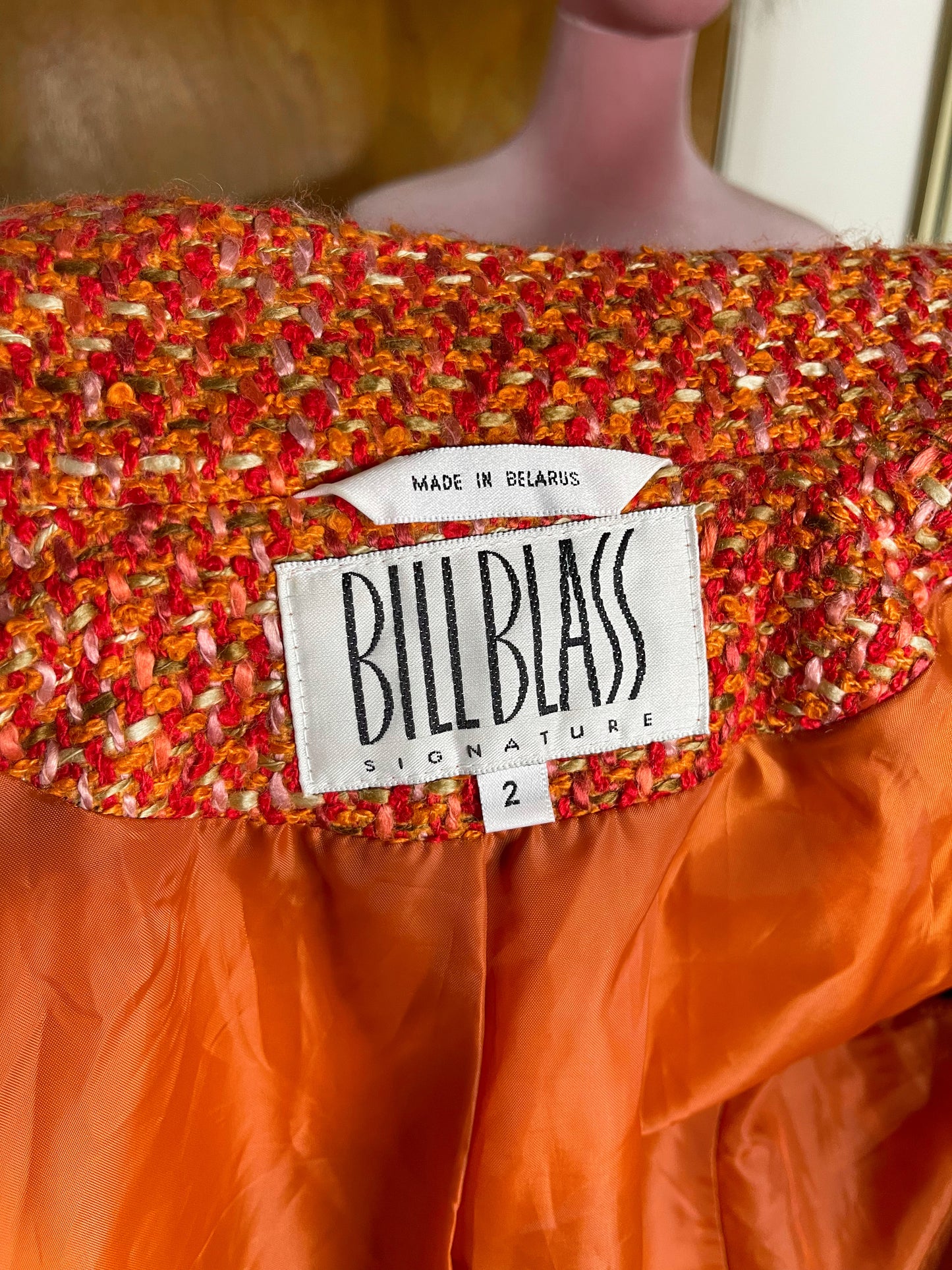 Vintage 80s / 90s "Bill Blass" Red Orange Tweed Coat Best Fits Size S