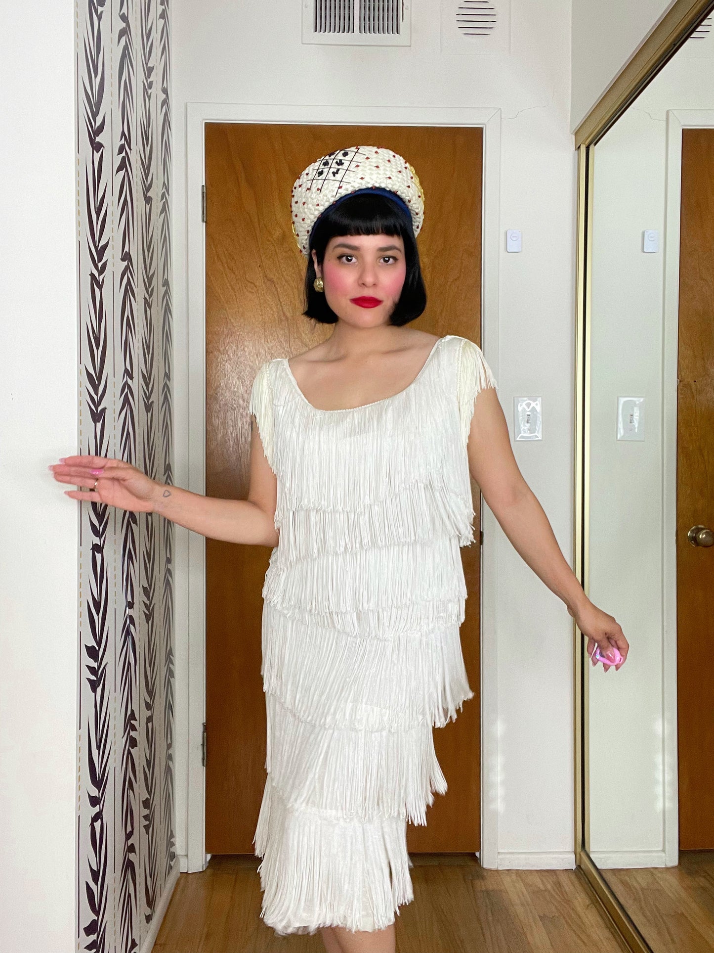 Vintage 50s / 60s white fringe wiggle dress fits sizes XS-SM