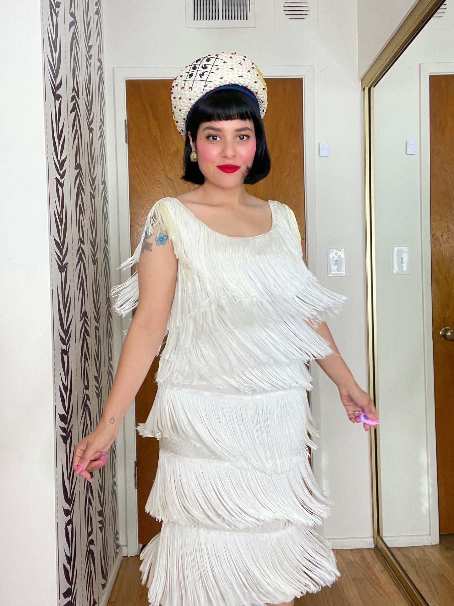 Vintage 50s / 60s white fringe wiggle dress fits sizes XS-SM