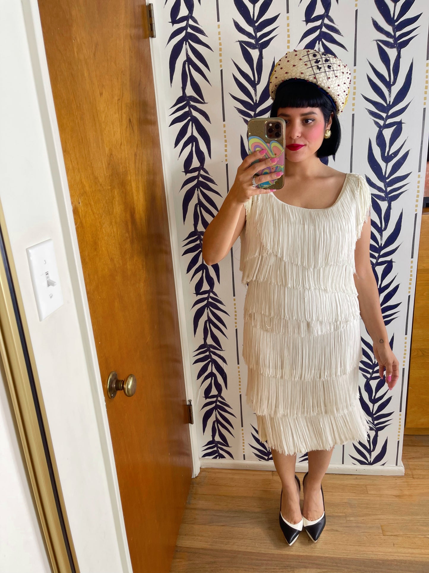 Vintage 50s / 60s white fringe wiggle dress fits sizes XS-SM