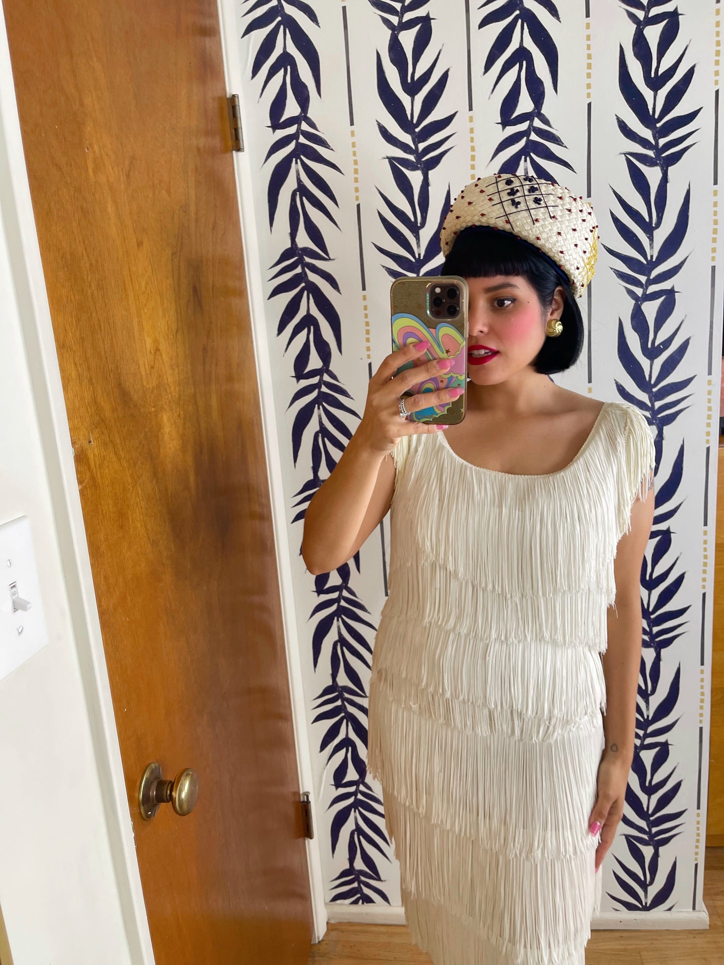 Vintage 50s / 60s white fringe wiggle dress fits sizes XS-SM