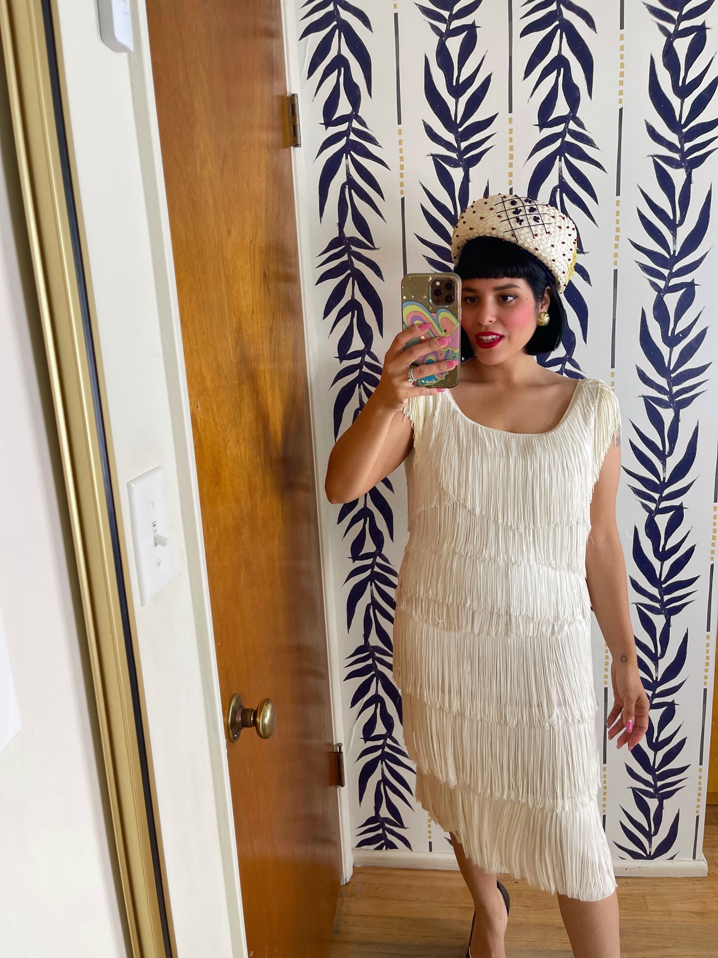 Vintage 50s / 60s white fringe wiggle dress fits sizes XS-SM