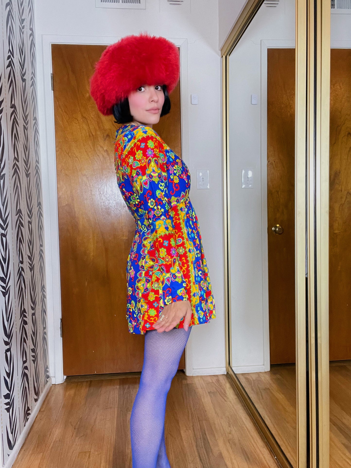 Vintage 60s 70s Neon Day Glow Psychedelic Long Sleeve Mini Dress Best Fits Size S, Possibly M