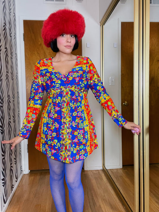 Vintage 60s 70s Neon Day Glow Psychedelic Long Sleeve Mini Dress Best Fits Size S, Possibly M