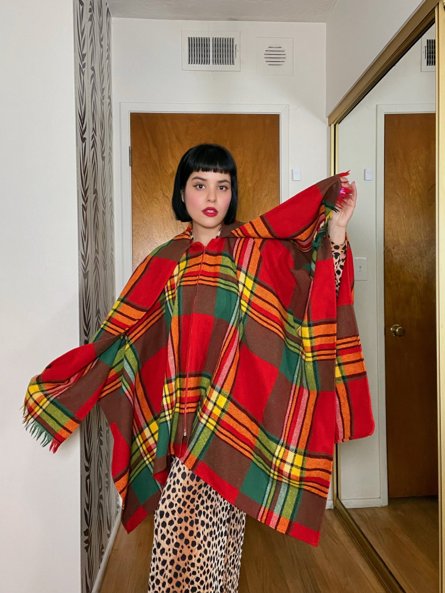 Vintage 60s "Charlie's Girl" Plaid Cape Poncho Fits Most Sizes