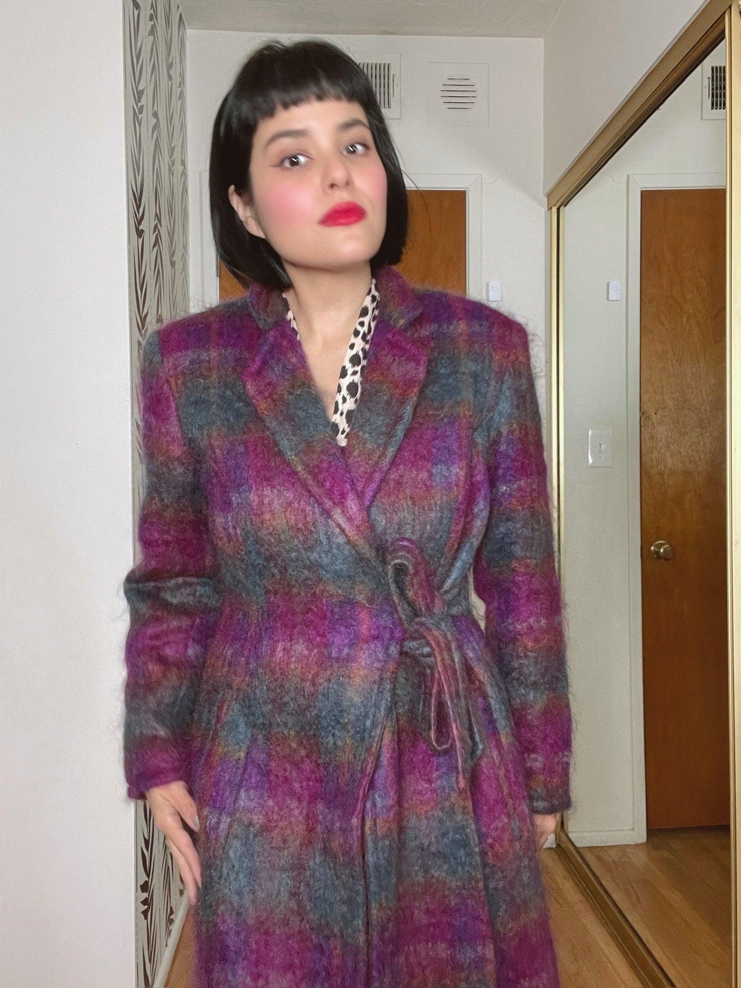 Vintage 90s 2000s El Clarita France Mohair Wool Plaid Coat Fits Up to Size L