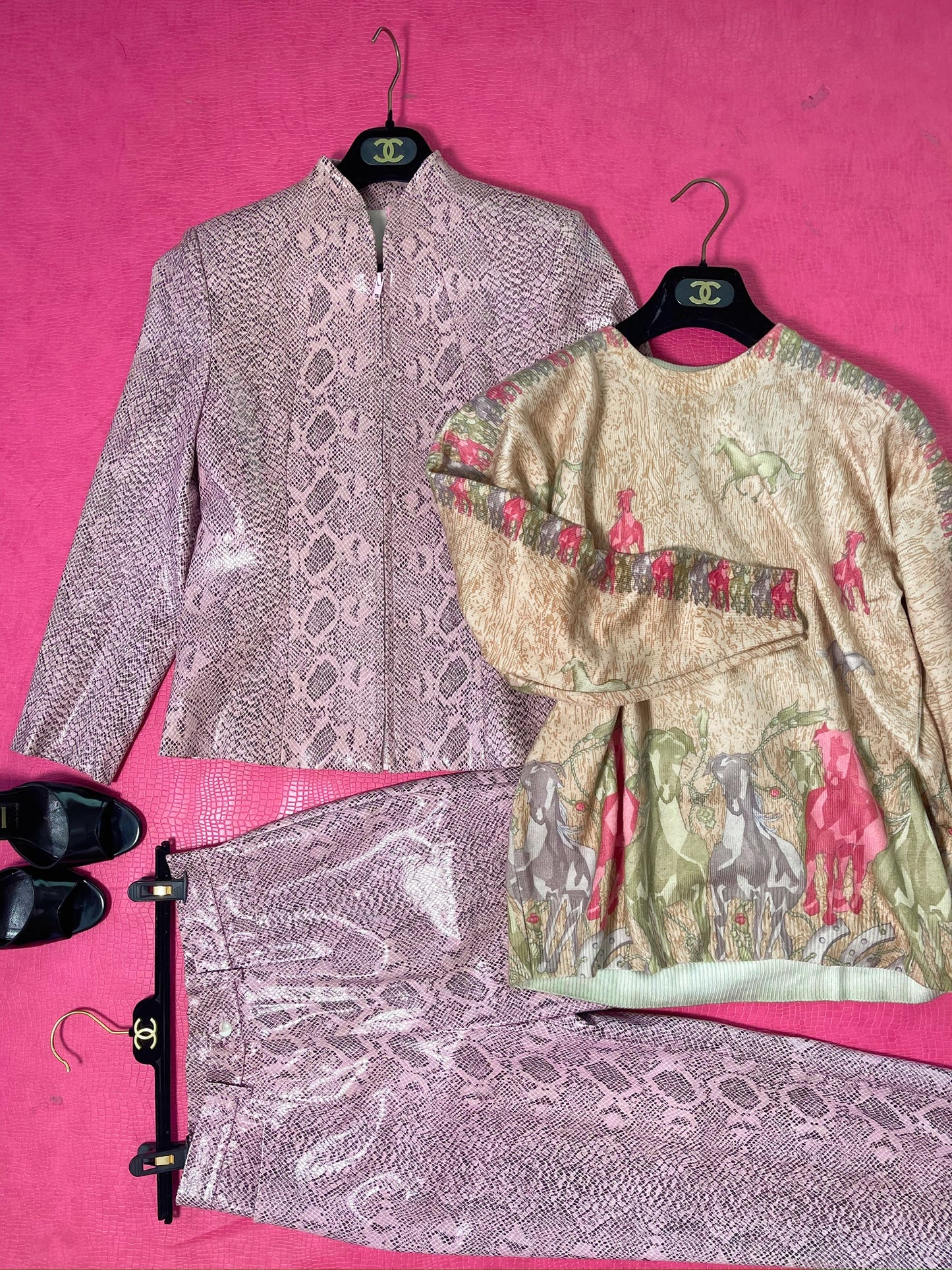 Vintage 80s Two Piece Pink Snake Print Set - Best Fits Size XS-S, Possible M