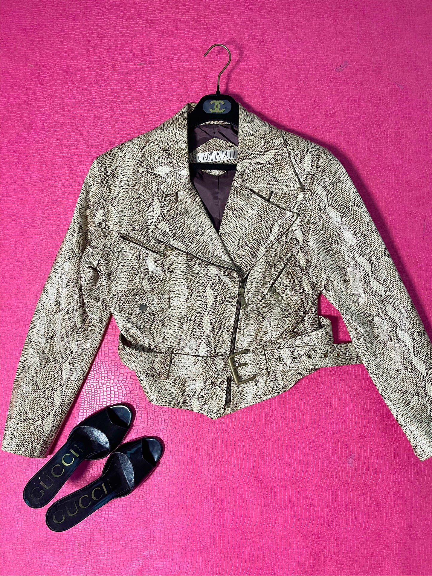 Vintage 80s "Carina Pelle" Faux Leather Snake Skin Crop Jacket - Best Fits Size M