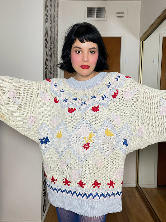 Vintage 70s 80s "No Jeans! Designs By Claude Atties" Pastel Knit Sweater - One Size Fits Most