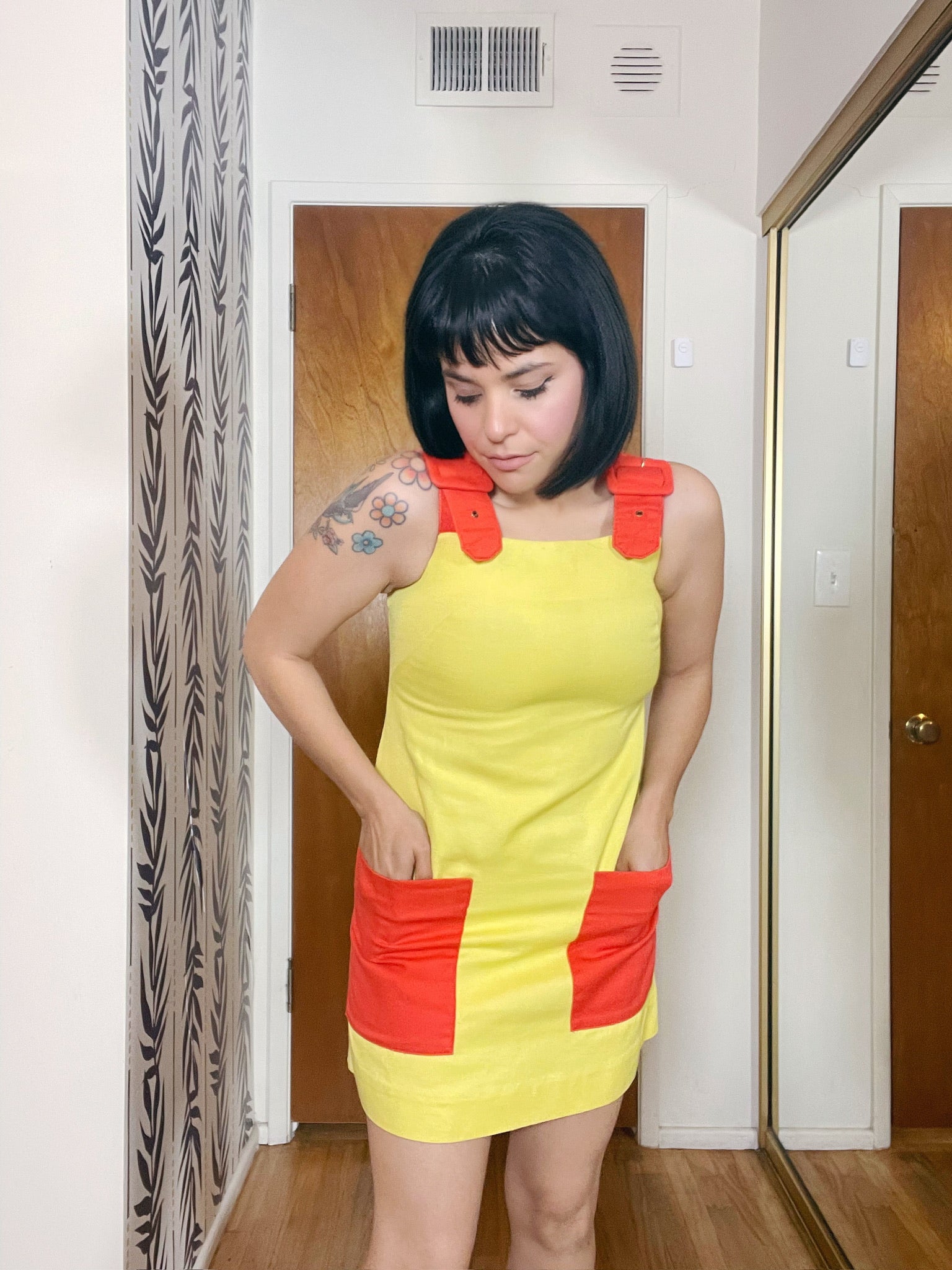 Vintage 60s Alice Martin Orange And Yellow Overall Dress