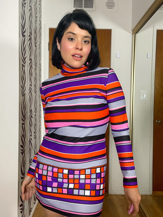Vintage 60s Pixels And Stripes Turtleneck Dress - Best Fits Size XXS-M