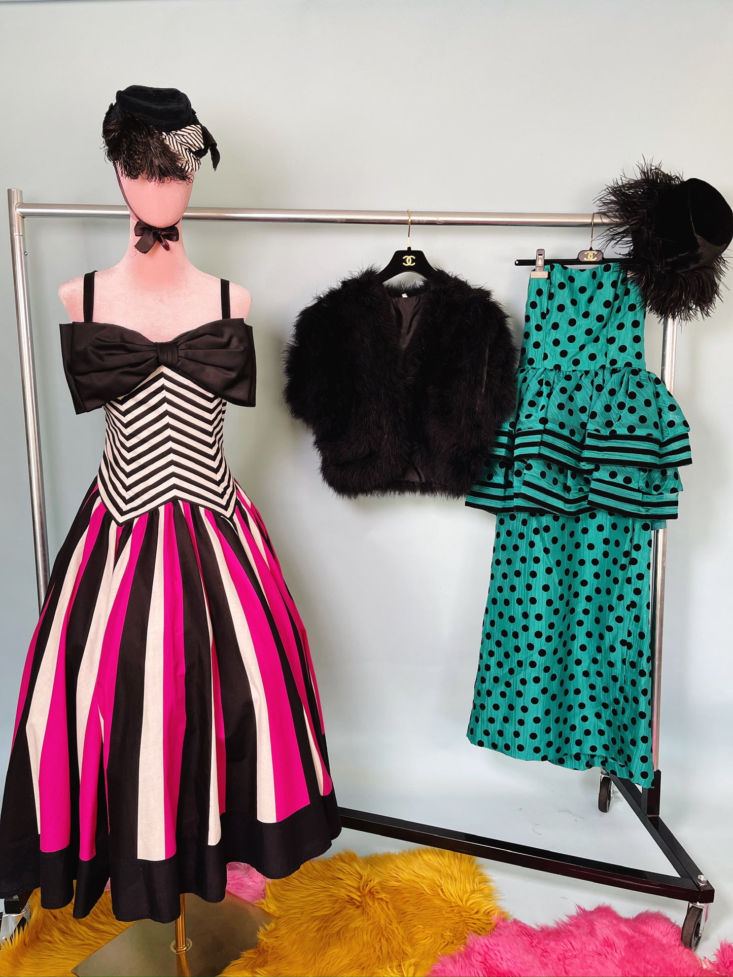 80s Victor Costa Pink, White, Black Striped Chevron Barbie Vibes Dress XS-SM