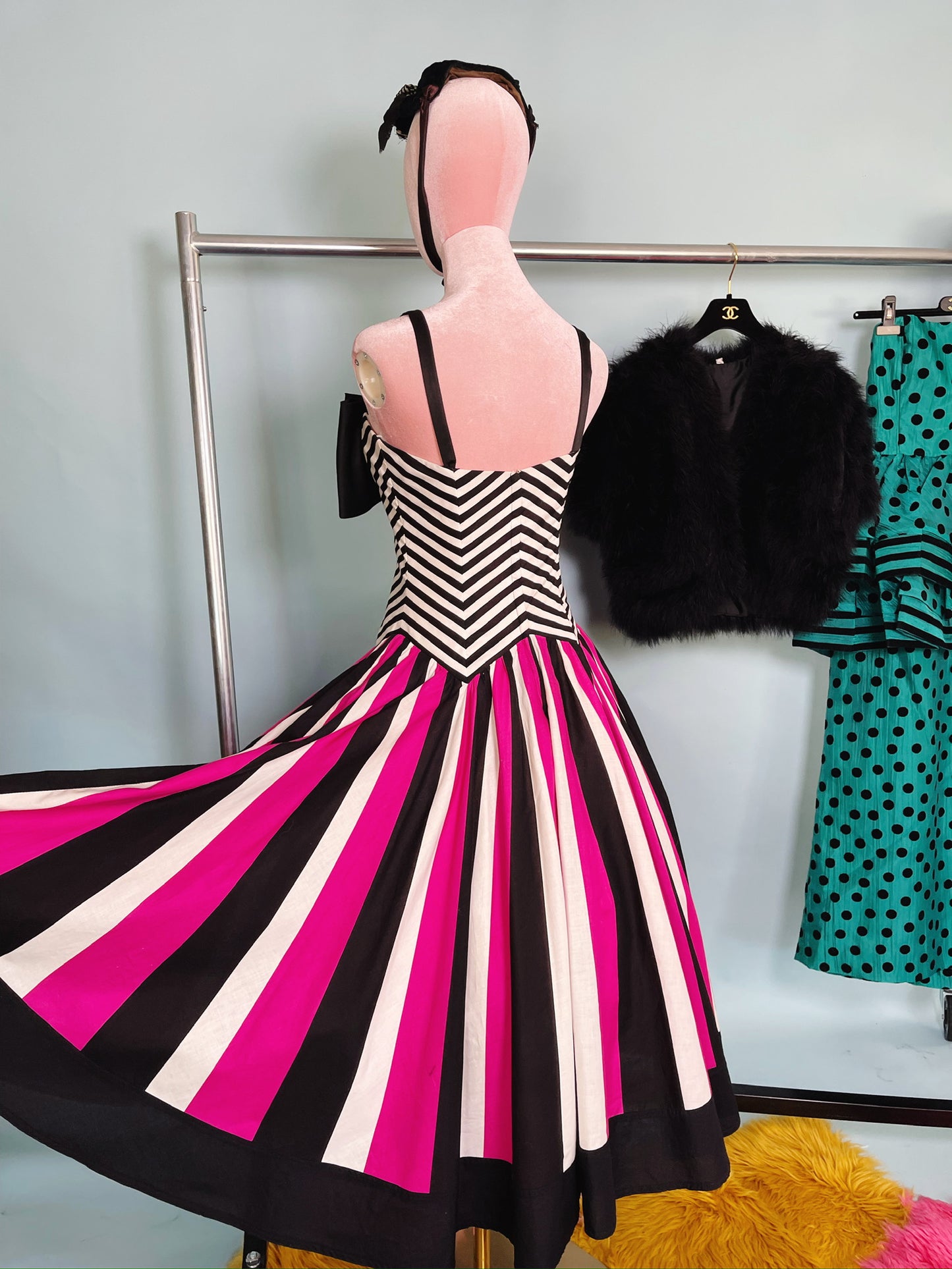 80s Victor Costa Pink, White, Black Striped Chevron Barbie Vibes Dress XS-SM