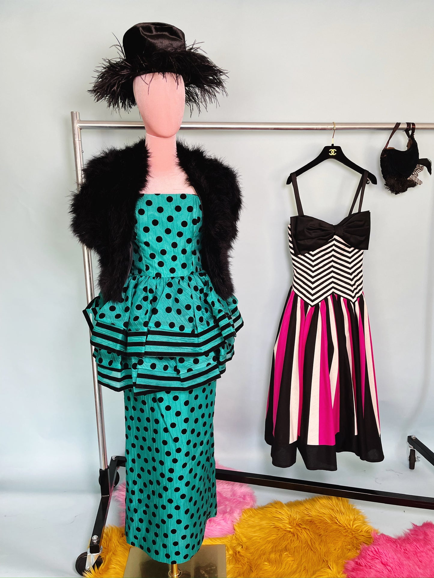 80s Victor Costa Pink, White, Black Striped Chevron Barbie Vibes Dress XS-SM