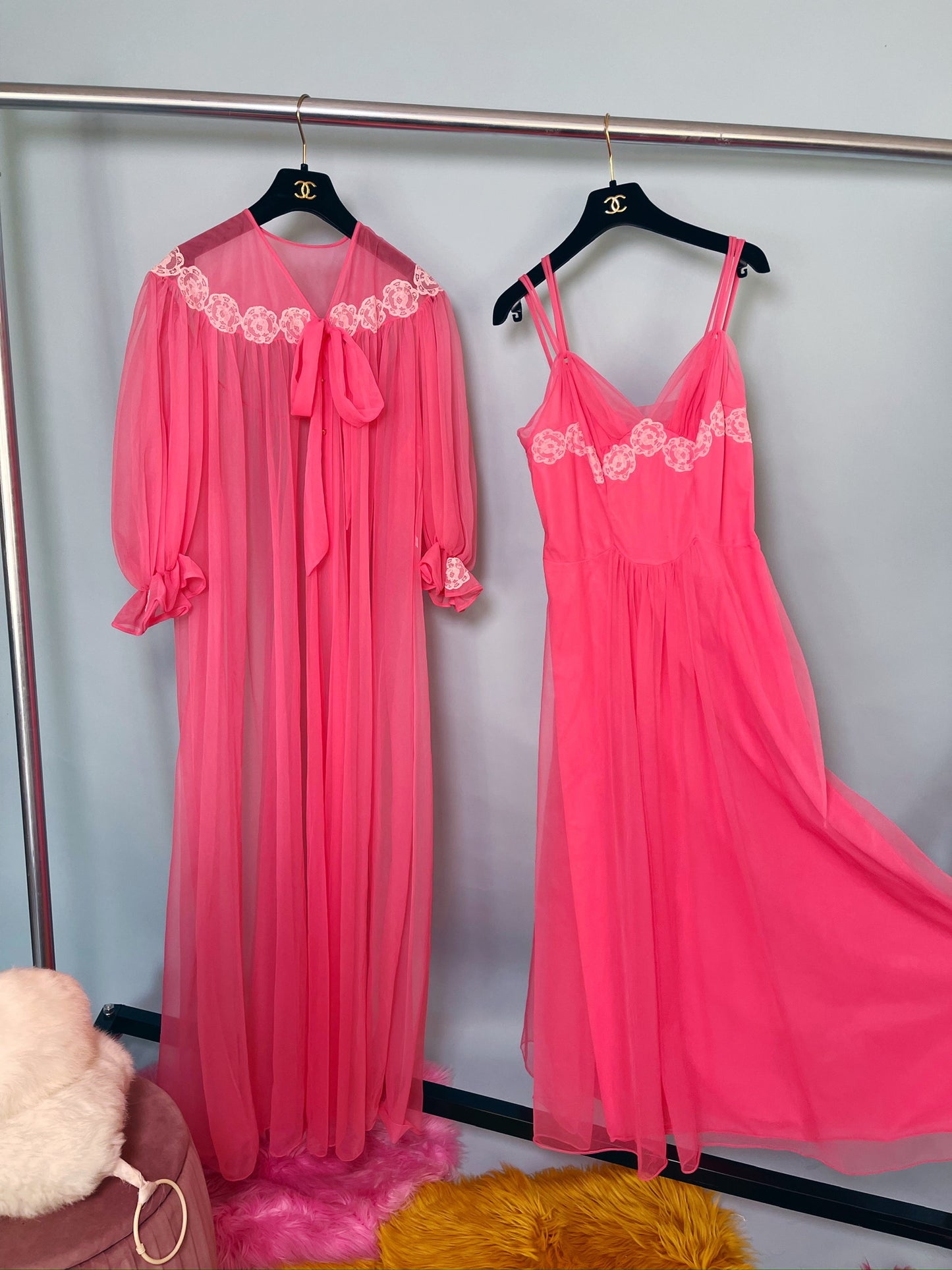 50s Wallace Virginia Pink Coral Peignoir Slip Duster Set Fits XS-M