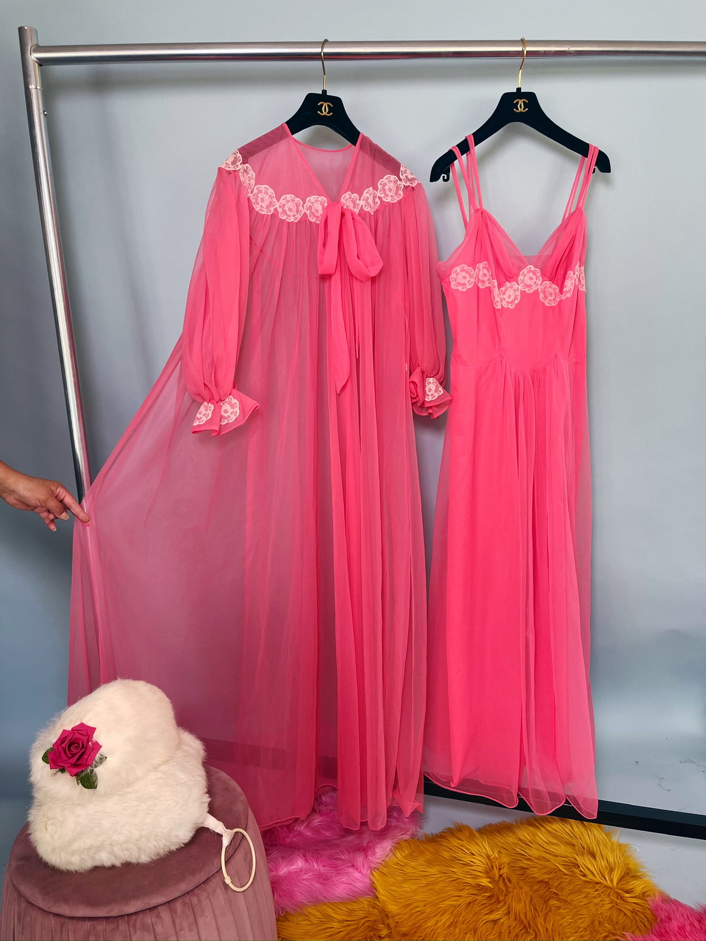 50s Wallace Virginia Pink Coral Peignoir Slip Duster Set Fits XS-M