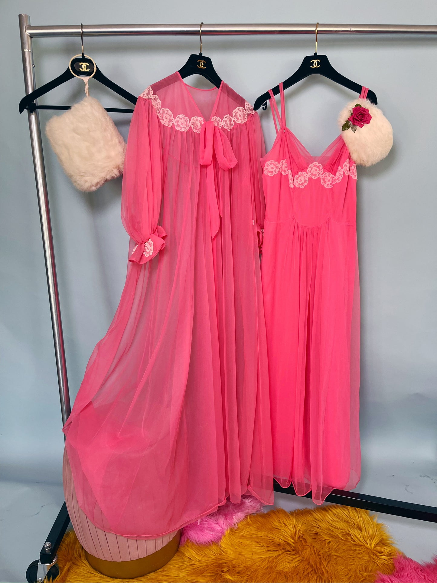 50s Wallace Virginia Pink Coral Peignoir Slip Duster Set Fits XS-M