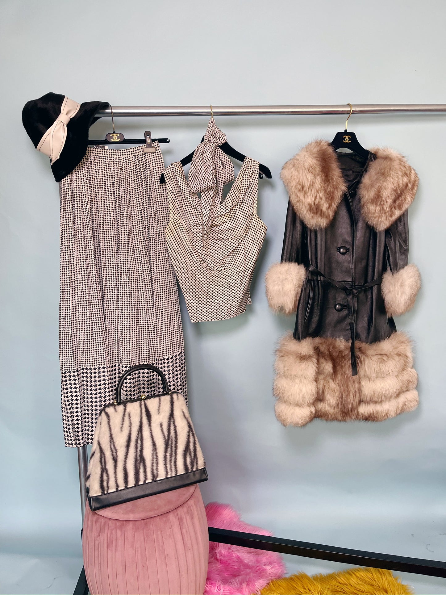 Late 70s "Bill Blass" Black & White Silk Cowl Neckline Houndstooth Three Piece Top Skirt Belt Set XS-SM