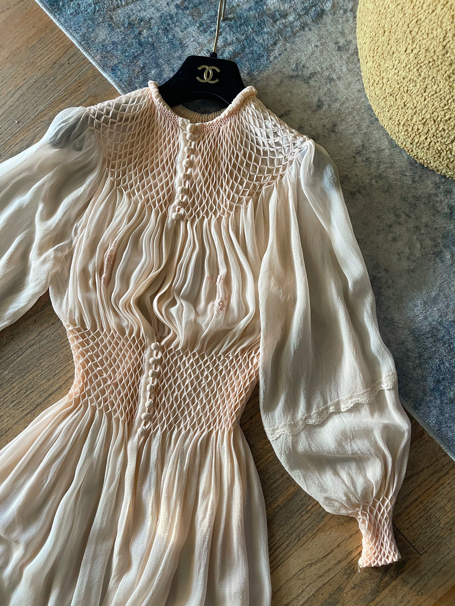 1930s RARE Peach Silk Chiffon Duster Robe & Slip Dress with Diamond Smock Set Fits XS-SM & Possible Size M