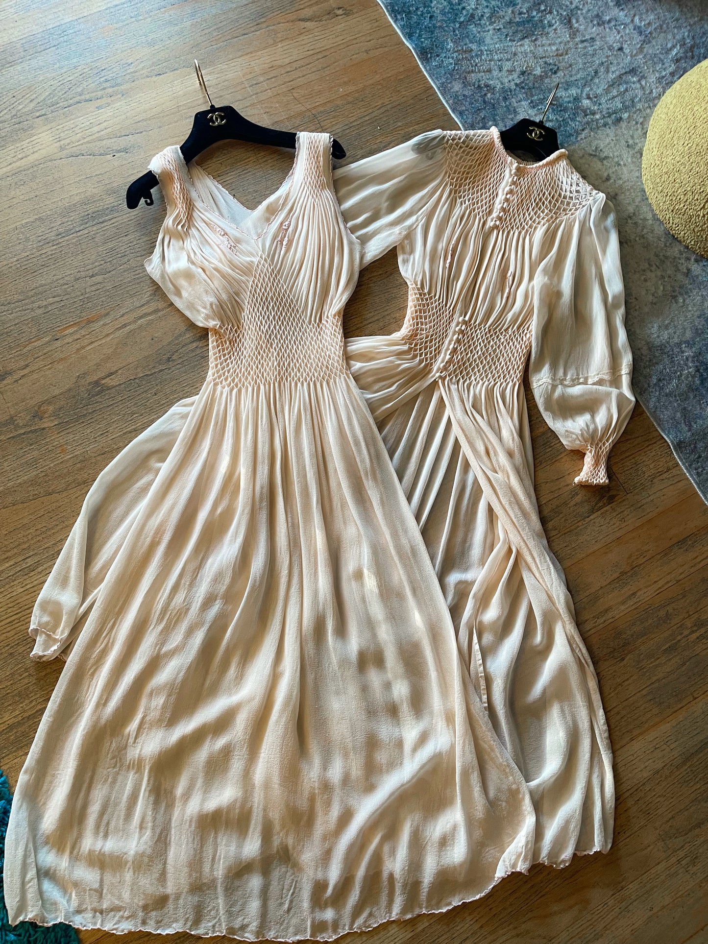 1930s RARE Peach Silk Chiffon Duster Robe & Slip Dress with Diamond Smock Set Fits XS-SM & Possible Size M