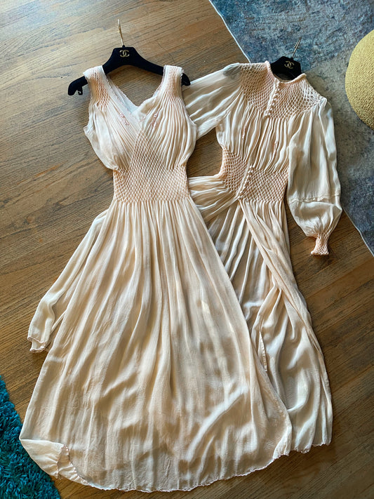 1930s RARE Peach Silk Chiffon Duster Robe & Slip Dress with Diamond Smock Set Fits XS-SM & Possible Size M