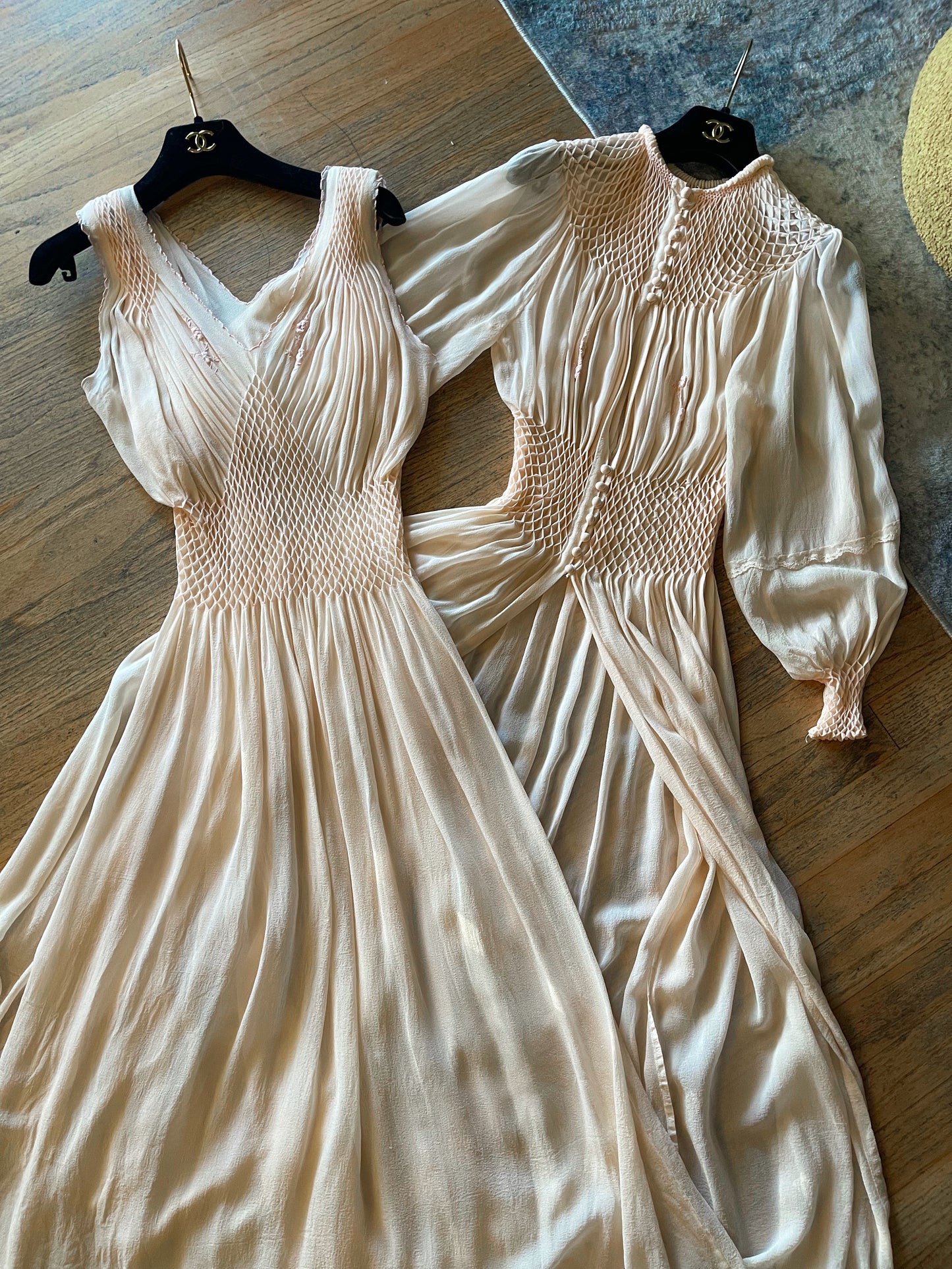 1930s RARE Peach Silk Chiffon Duster Robe & Slip Dress with Diamond Smock Set Fits XS-SM & Possible Size M