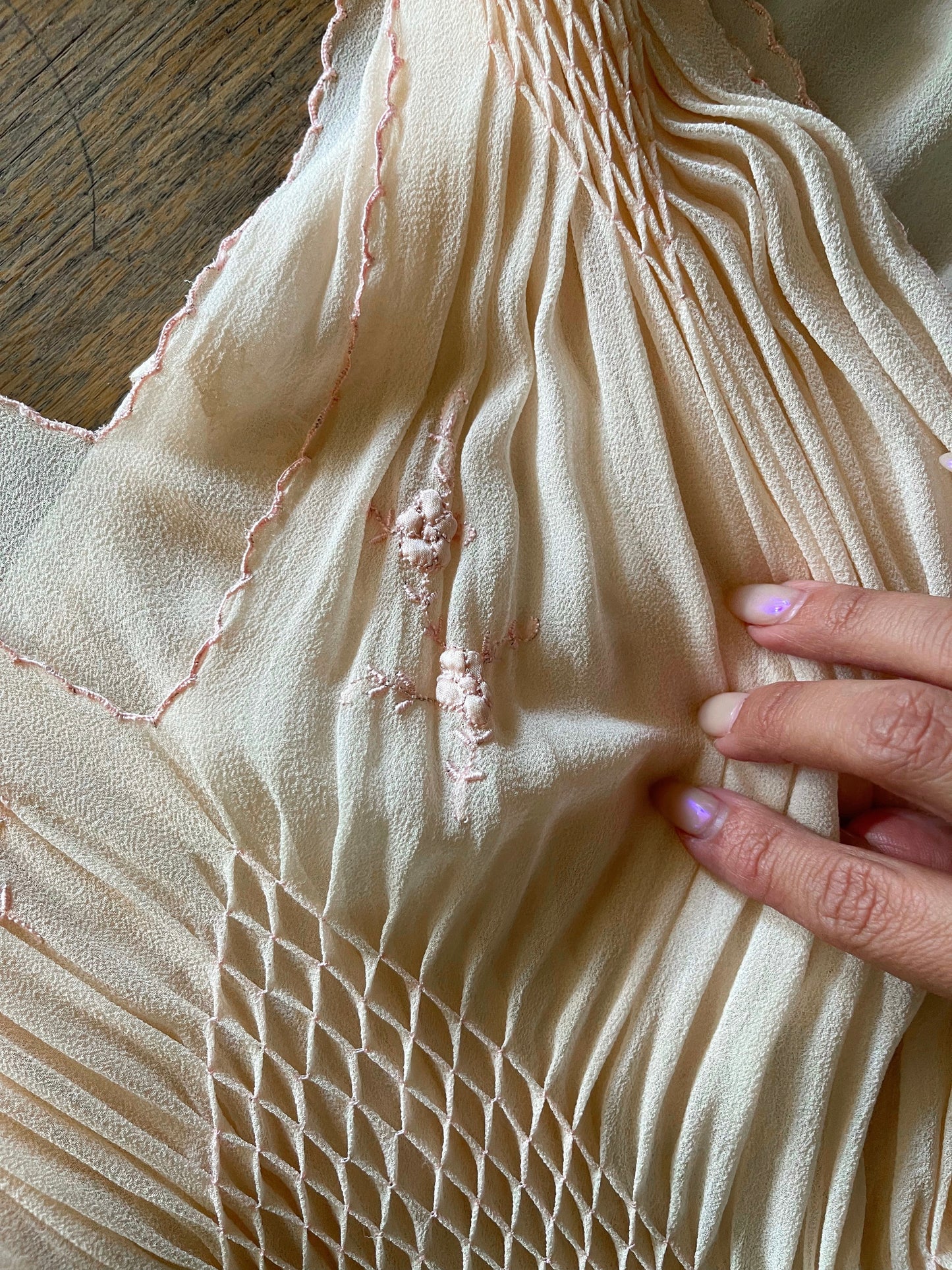 1930s RARE Peach Silk Chiffon Duster Robe & Slip Dress with Diamond Smock Set Fits XS-SM & Possible Size M