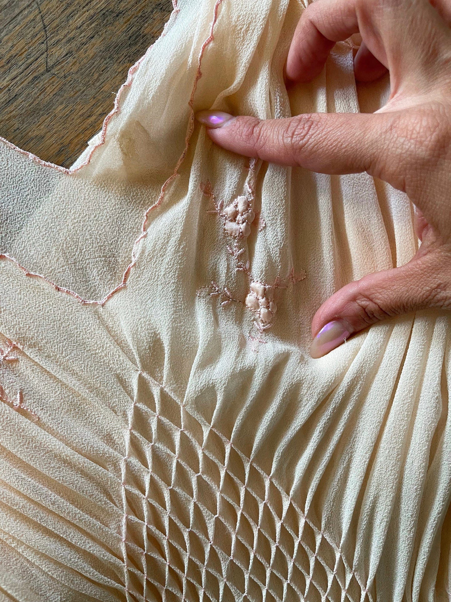 1930s RARE Peach Silk Chiffon Duster Robe & Slip Dress with Diamond Smock Set Fits XS-SM & Possible Size M