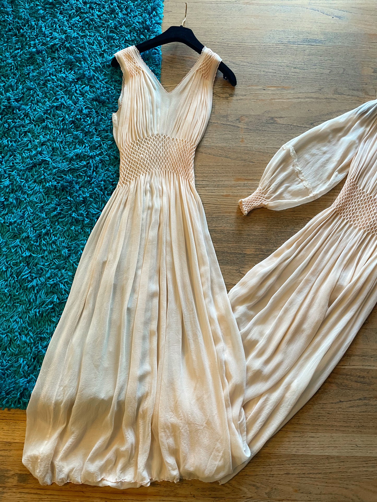 1930s RARE Peach Silk Chiffon Duster Robe & Slip Dress with Diamond Smock Set Fits XS-SM & Possible Size M