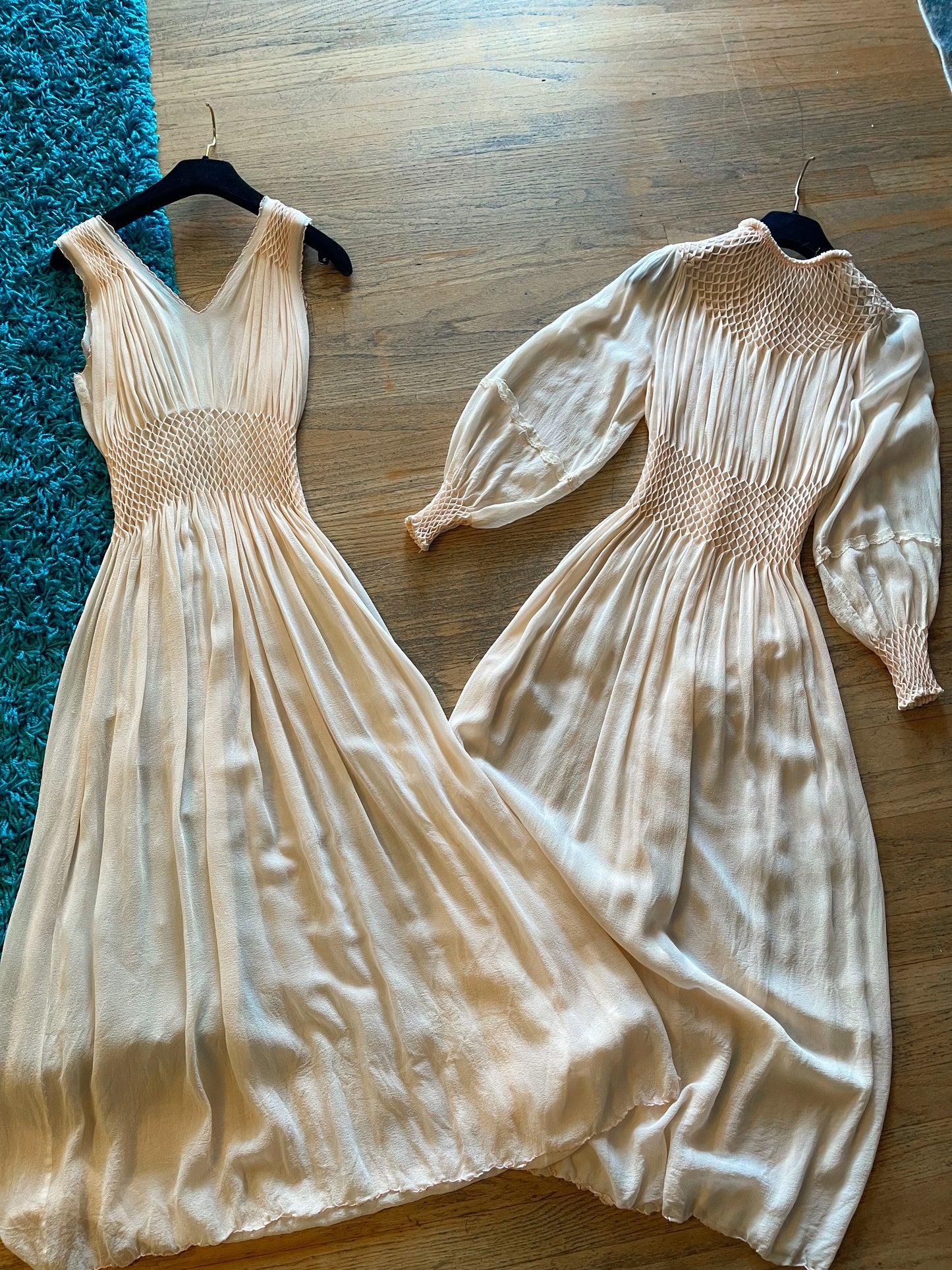 1930s RARE Peach Silk Chiffon Duster Robe & Slip Dress with Diamond Smock Set Fits XS-SM & Possible Size M